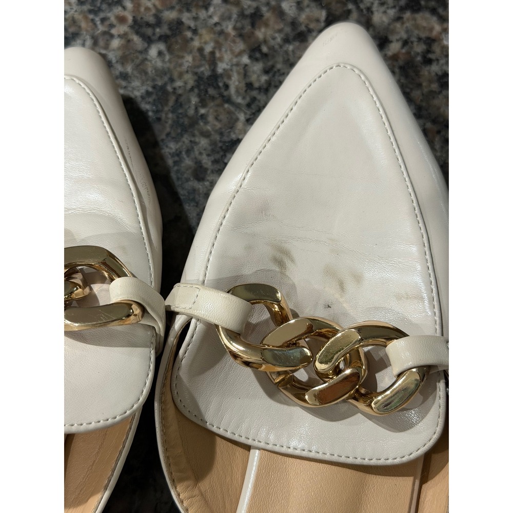 EasySmile Cream Pointed Toe Mules Gold Chunky Chain Flat Backless Loafer Sz 6.5